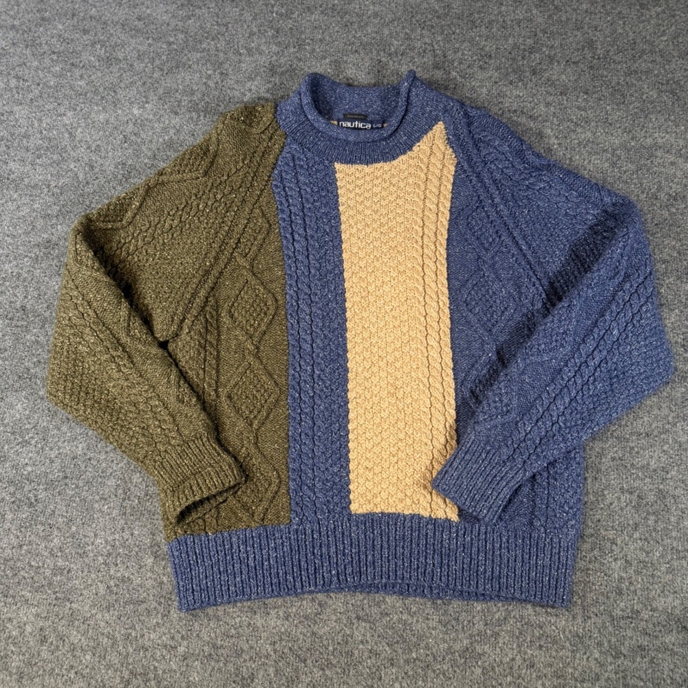 Vintage Nautica Handknit Wool
Silk blend Colorblock Cable Knit
Sweater Large